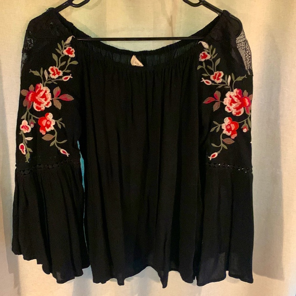 Black, bell sleeved, off the shoulder, flowy blouse